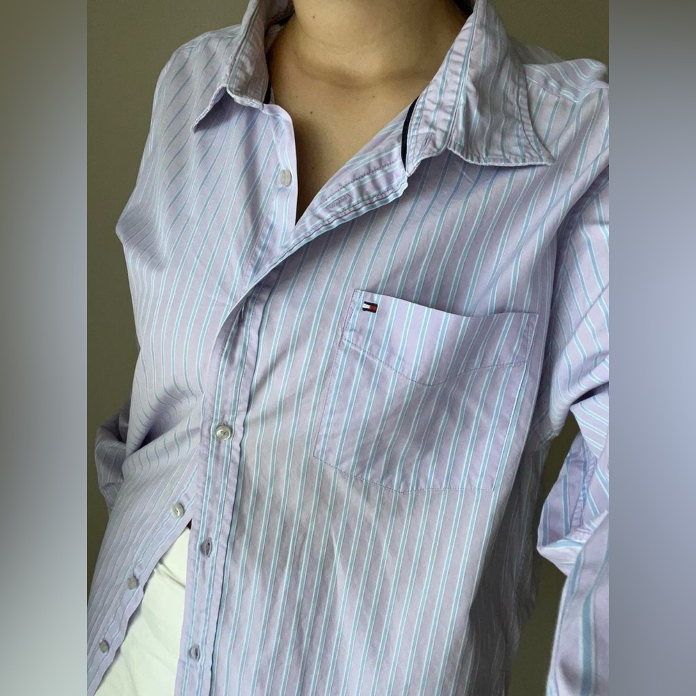 Tommy Hilfiger Light Purple and blue Striped Shirt menswear oversized XL